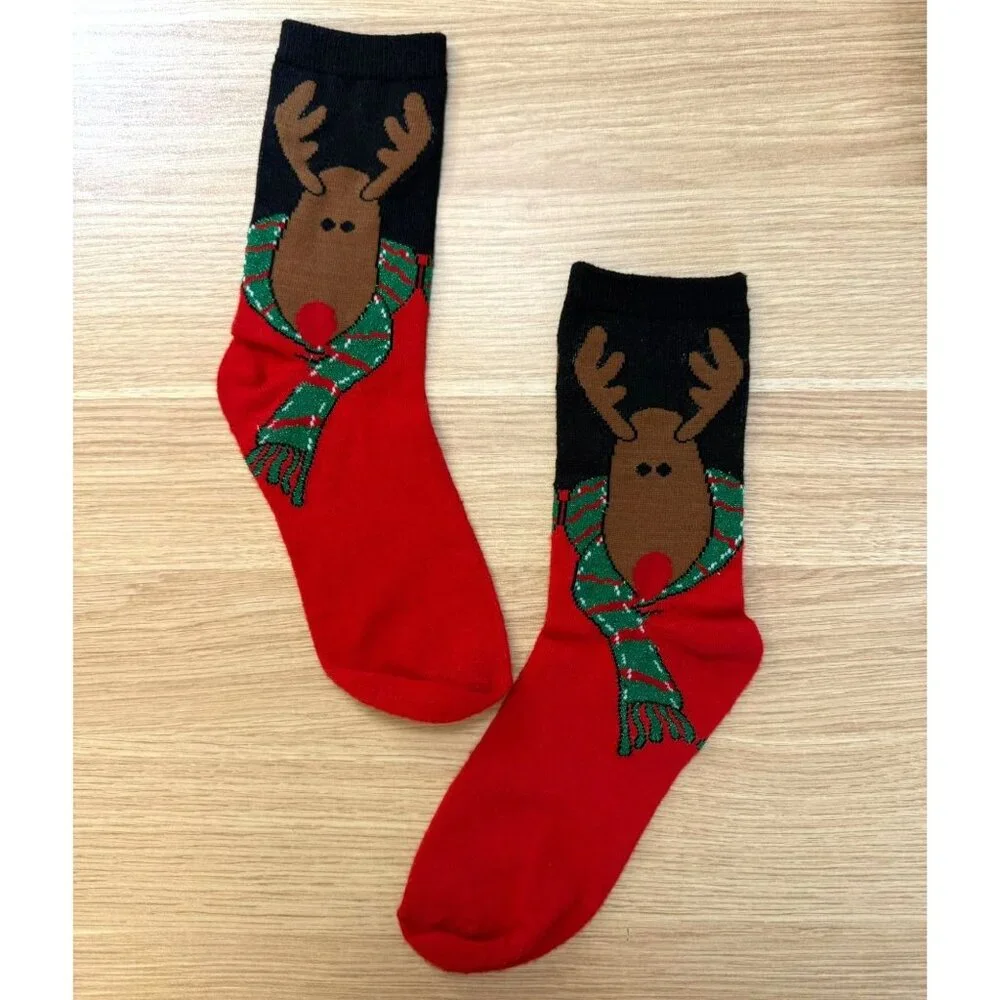 Holiday Reindeer Knit Socks Festive Glittery Scarf Design Christmas Red Black